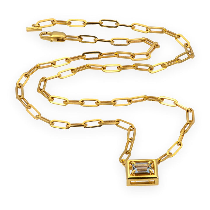 Tiffany & Co. 18K Gold Aquamarine Box Pendant Paperclip Necklace 17.5"