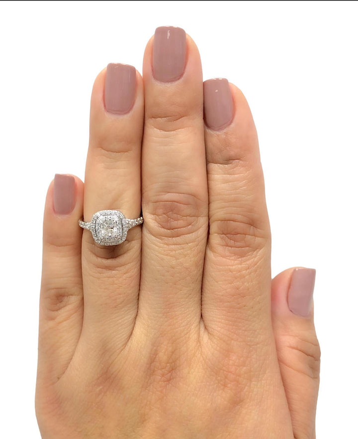 Tiffany & Co Platinum Soleste .89 ct center Double Halo Diamond Engagement Ring