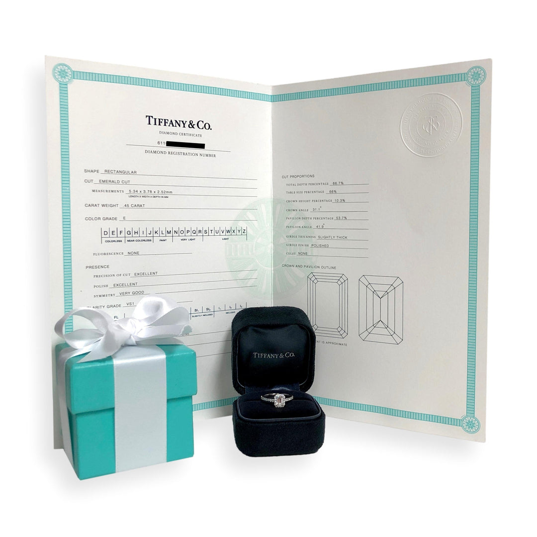 Tiffany & Co. Soleste .45 Ct Center Emerald Cut Halo Engagement Ring - E VS1