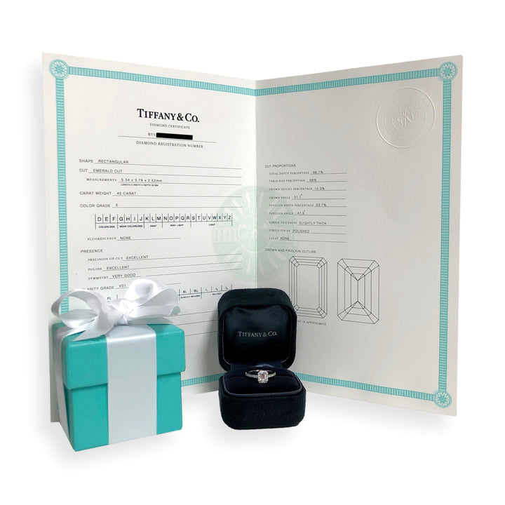 Tiffany & Co. Soleste .45 Ct Center Emerald Cut Halo Engagement Ring - E VS1