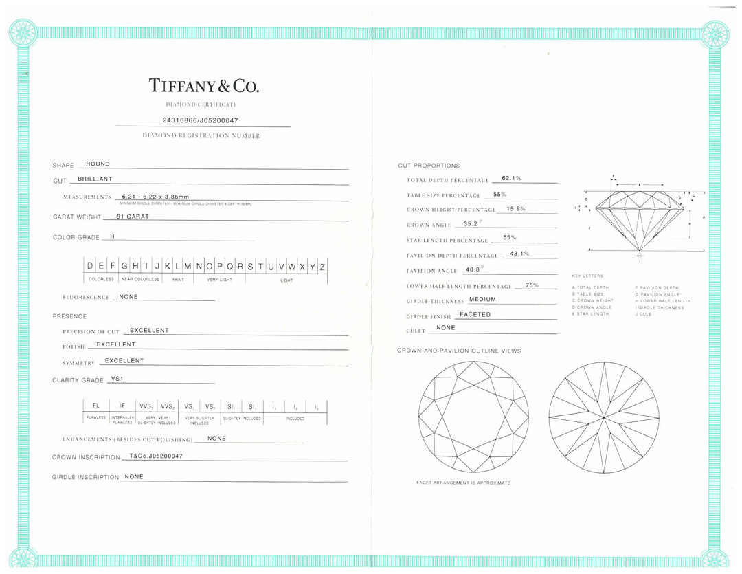 Tiffany & Co. Platinum Solitaire Round Diamond Engagement Ring .91 H VS1