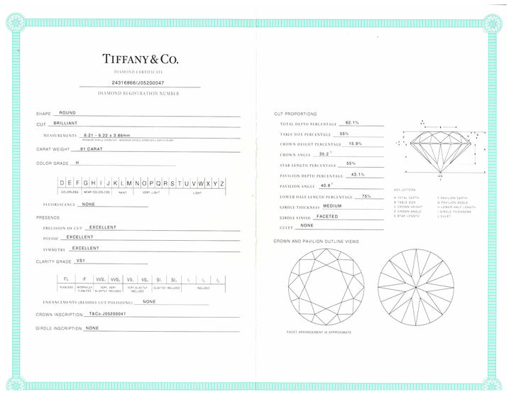 Tiffany & Co. Platinum Solitaire Round Diamond Engagement Ring .91 H VS1