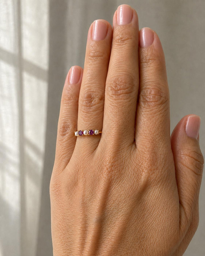 Tiffany & Co. 18K Yellow Gold Ruby and Pearl Five-Stone Band Ring, Vintage