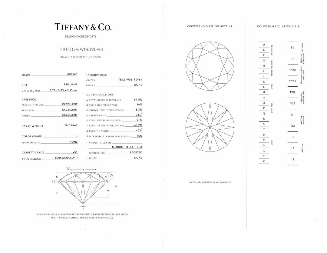 Tiffany & Co. Platinum Solitaire Round Diamond Engagement Ring .70 I VS1