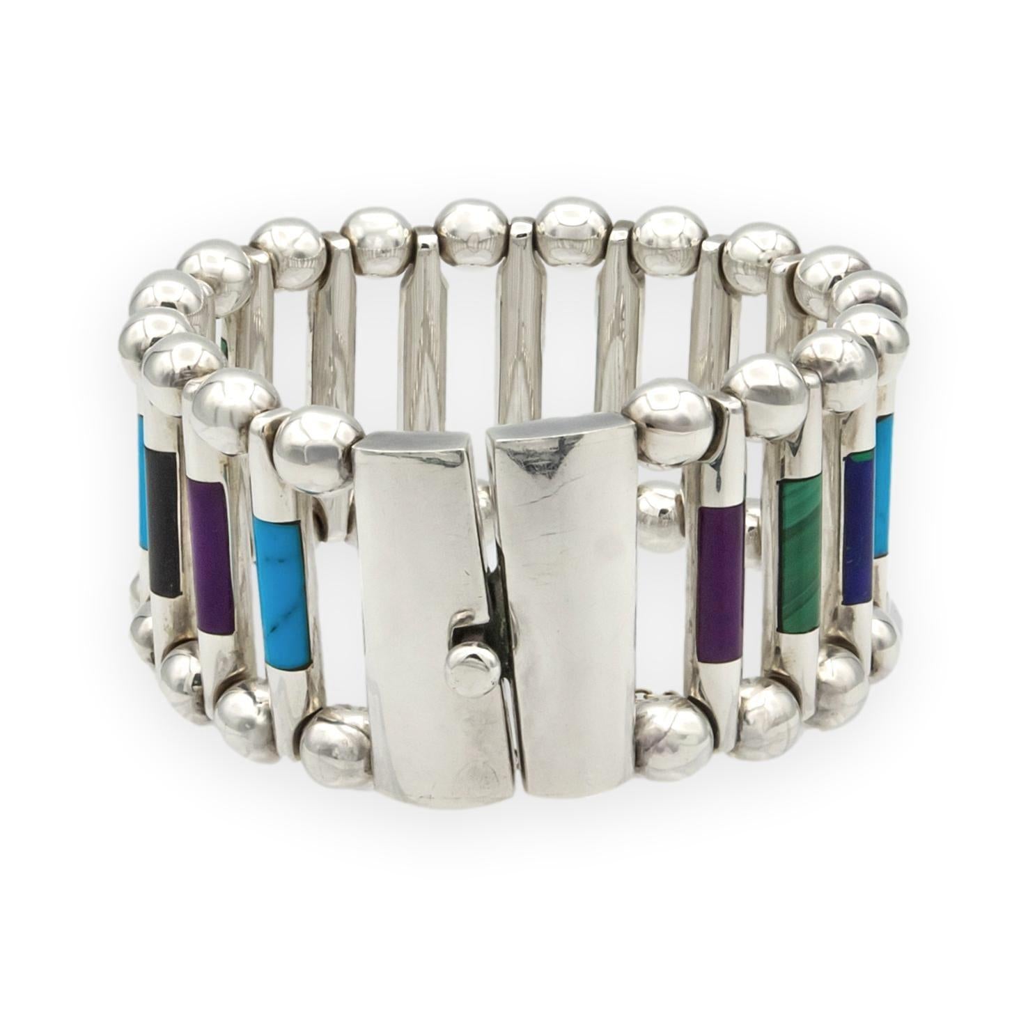 Vintage TUKA Mexican Modernist Silver Gemstone Inlay Bracelet