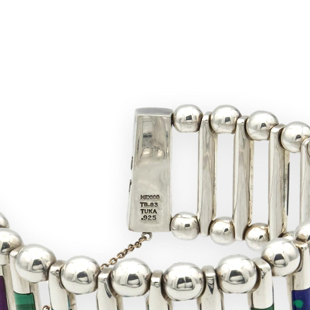 Vintage TUKA Mexican Modernist  Silver Gemstone Inlay Bracelet, 1970s, 7.5"