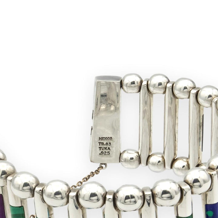 Vintage TUKA Mexican Modernist  Silver Gemstone Inlay Bracelet, 1970s, 7.5"