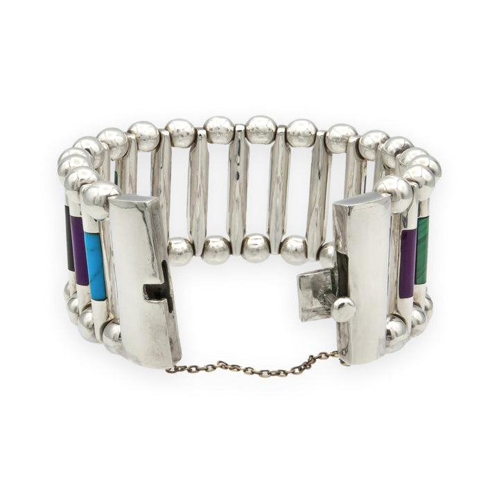 Vintage TUKA Mexican Modernist  Silver Gemstone Inlay Bracelet, 1970s, 7.5"