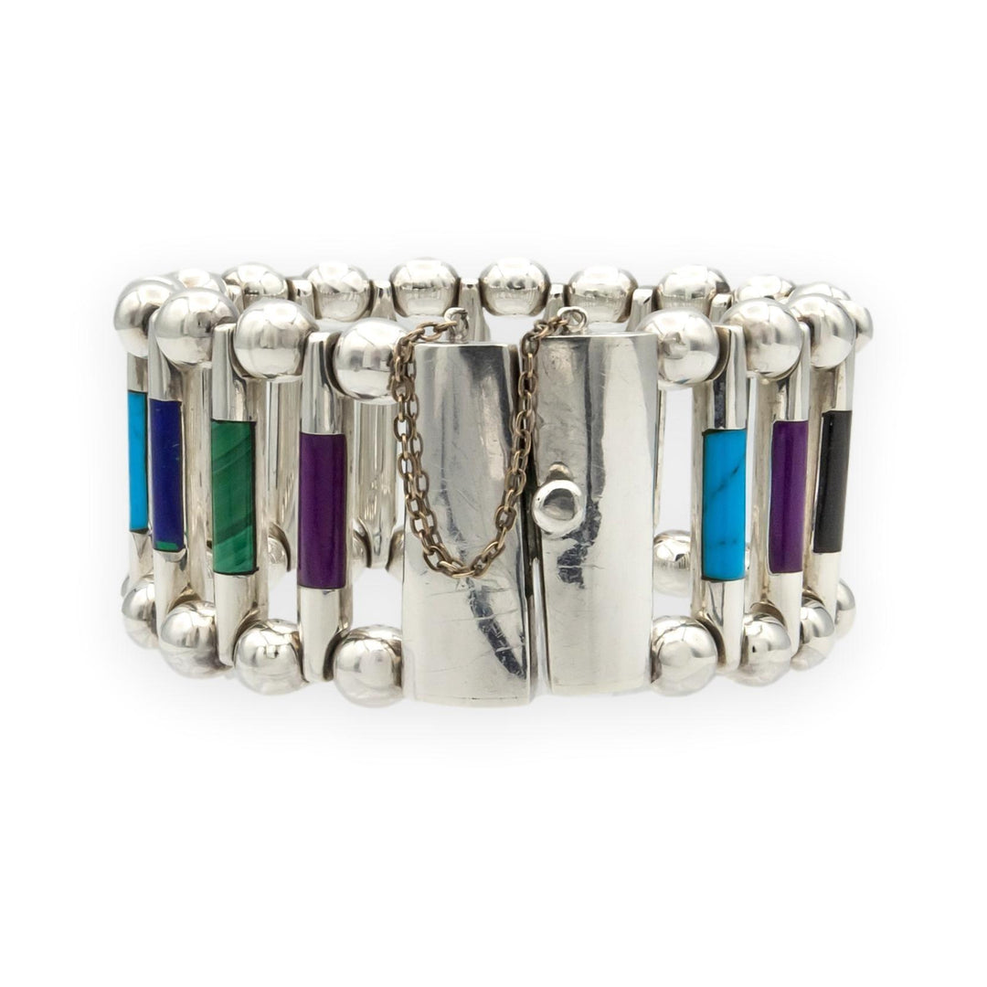 Vintage TUKA Mexican Modernist  Silver Gemstone Inlay Bracelet, 1970s, 7.5"
