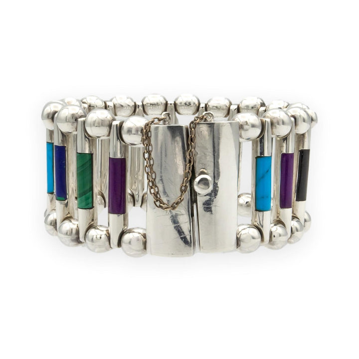 Vintage TUKA Mexican Modernist  Silver Gemstone Inlay Bracelet, 1970s, 7.5"