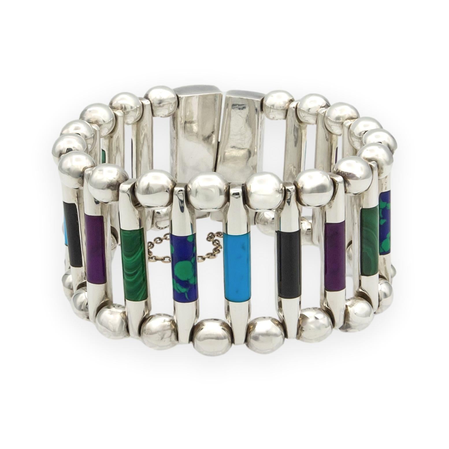 Vintage TUKA Mexican Modernist Silver Gemstone Inlay Bracelet