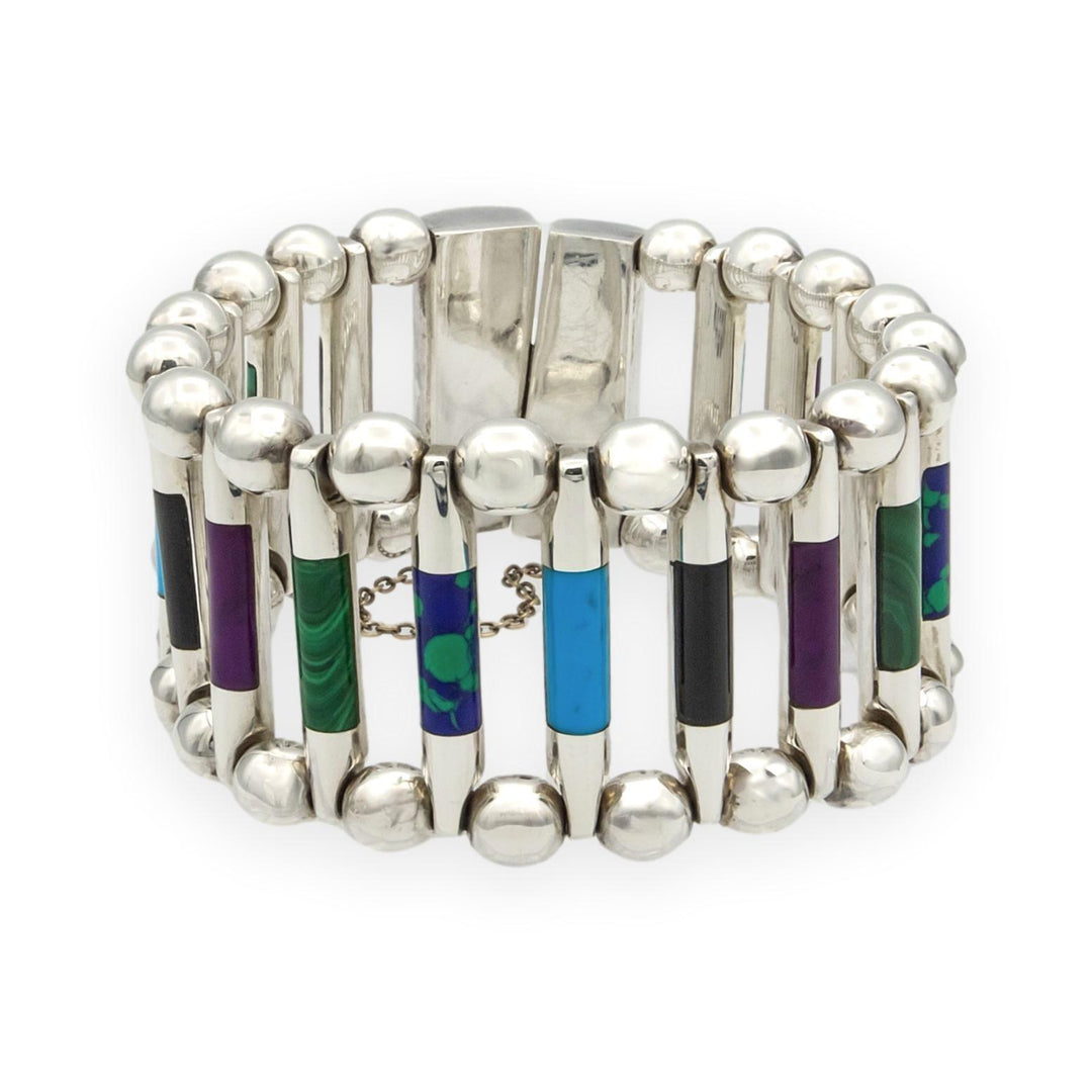 Vintage TUKA Mexican Modernist Silver Gemstone Inlay Bracelet