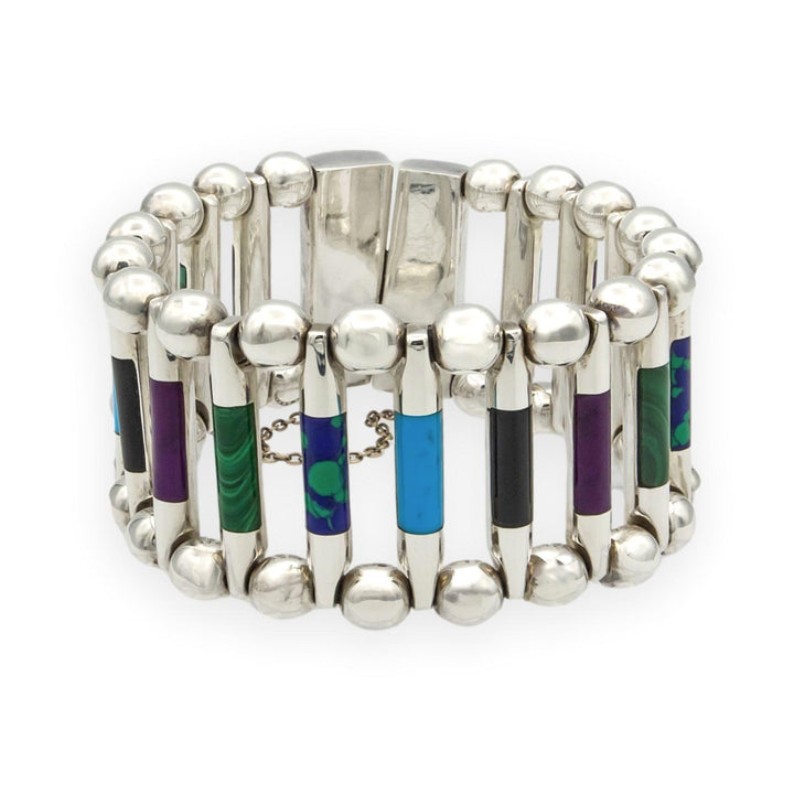 Vintage TUKA Mexican Modernist  Silver Gemstone Inlay Bracelet, 1970s, 7.5"