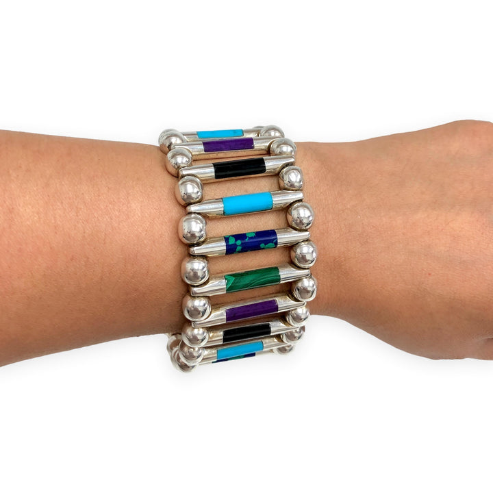 Vintage TUKA Mexican Modernist  Silver Gemstone Inlay Bracelet, 1970s, 7.5"