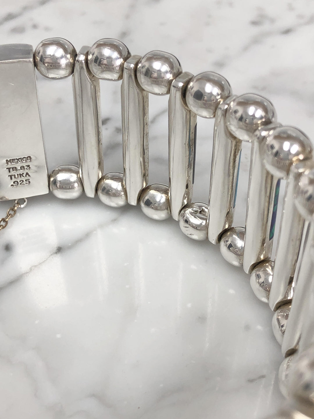 Vintage TUKA Mexican Modernist  Silver Gemstone Inlay Bracelet, 1970s, 7.5"