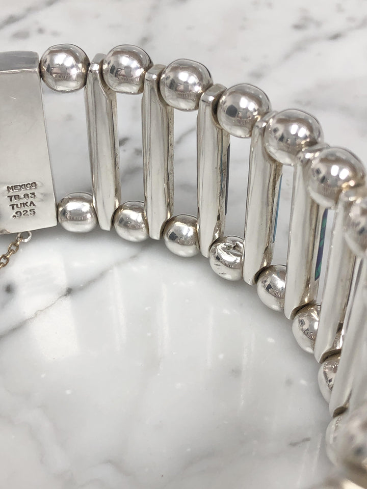 Vintage TUKA Mexican Modernist  Silver Gemstone Inlay Bracelet, 1970s, 7.5"