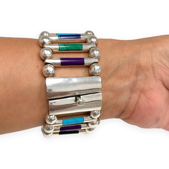 Vintage TUKA Mexican Modernist  Silver Gemstone Inlay Bracelet, 1970s, 7.5"