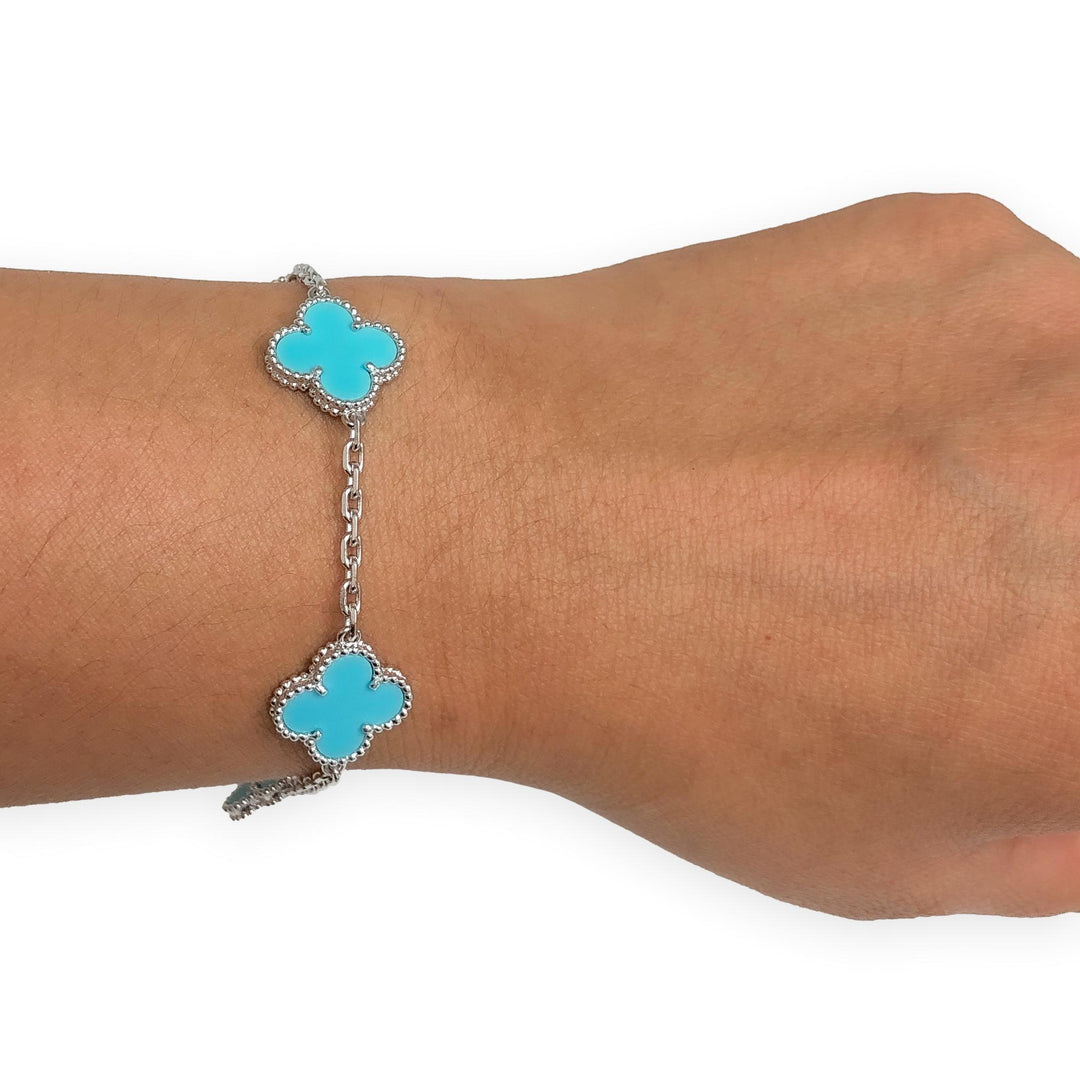 Van Cleef & Arpels Alhambra 18K White Gold 5 Motif Turquoise Bracelet 7.75"