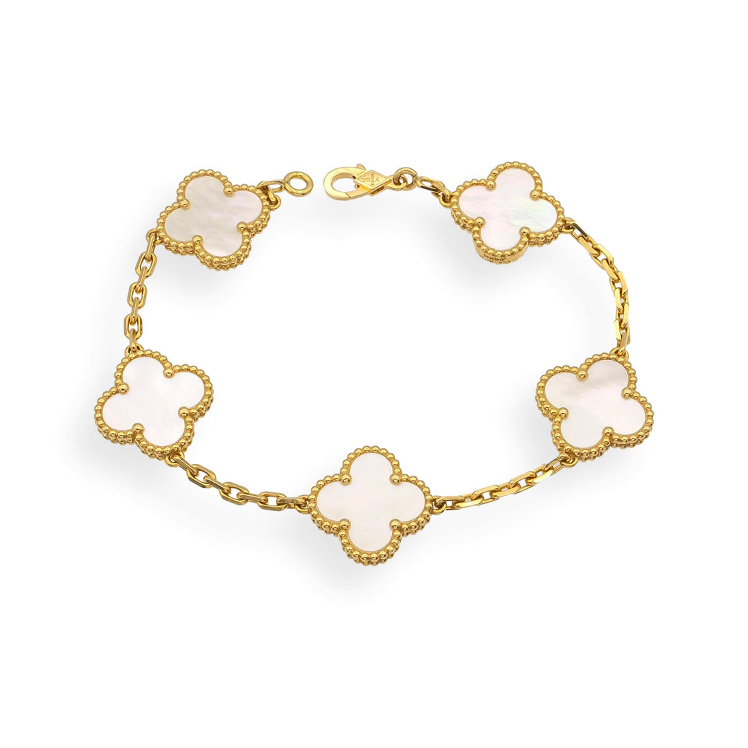 Van Cleef & Arpels 18KY Vintage Alhambra 5-Motif MOP Bracelet, 7", Cert & Extras