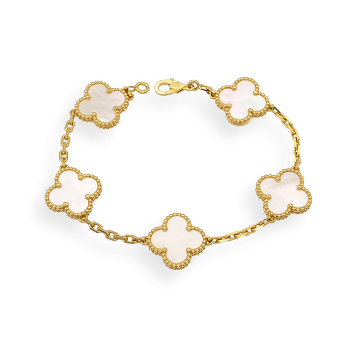 Van Cleef & Arpels 18KY Vintage Alhambra 5-Motif MOP Bracelet, 7", Cert & Extras