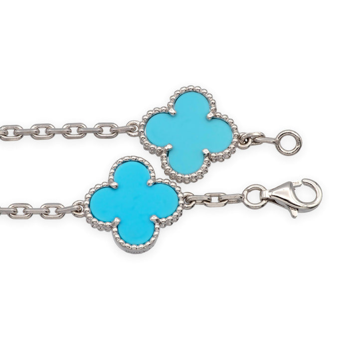 Van Cleef & Arpels Alhambra 18K White Gold 5 Motif Turquoise Bracelet 7.75"