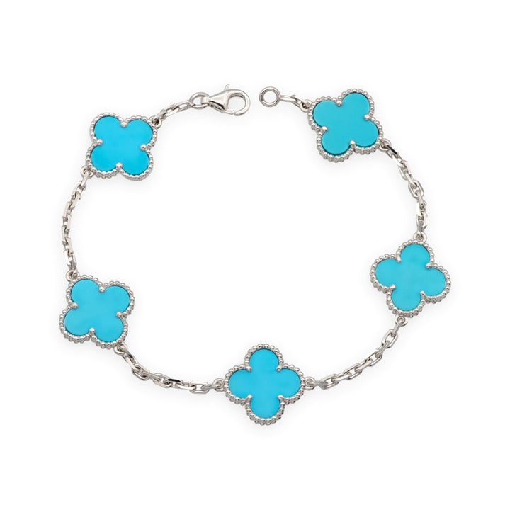 Van Cleef & Arpels Alhambra 18K White Gold 5 Motif Turquoise Bracelet 7.75"