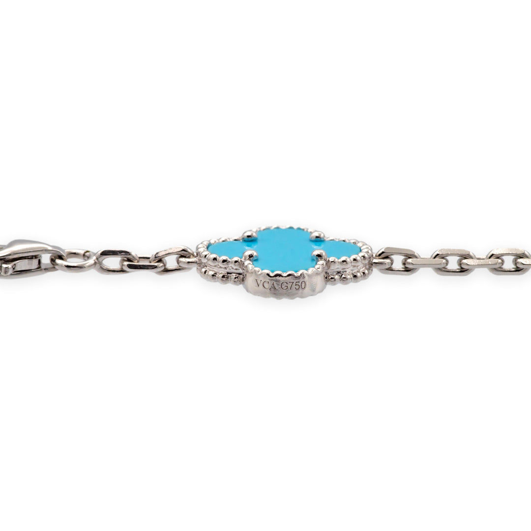 Van Cleef & Arpels Alhambra 18K White Gold 5 Motif Turquoise Bracelet 7.75"