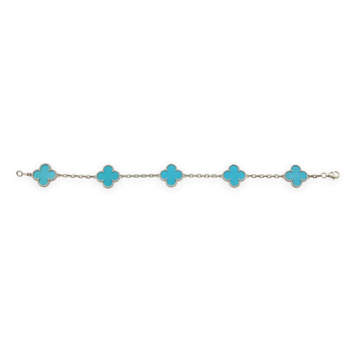 Van Cleef & Arpels Alhambra 18K White Gold 5 Motif Turquoise Bracelet 7.75"