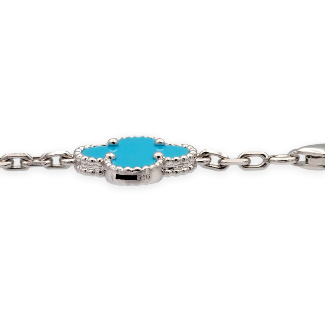 Van Cleef & Arpels Alhambra 18K White Gold 5 Motif Turquoise Bracelet 7.75"