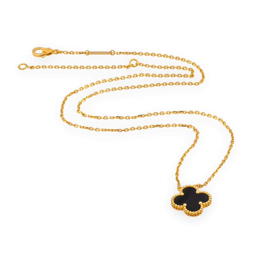 Van Cleef & Arpels Vintage Alhambra Onyx Necklace Pendant 18K Yellow Gold