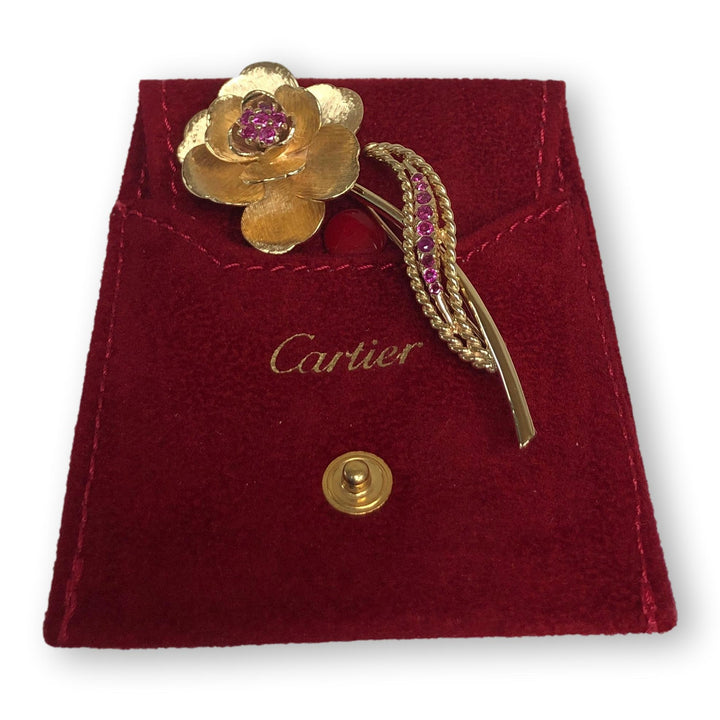 Vintage Cartier 14K Rose Gold Ruby Flower Brooch Lapel Pin 1940's