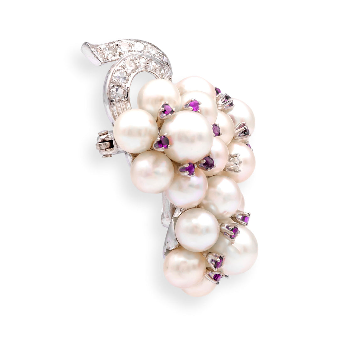 Vintage 14K White Gold Pearl Ruby Diamond Grape Cluster Brooch
