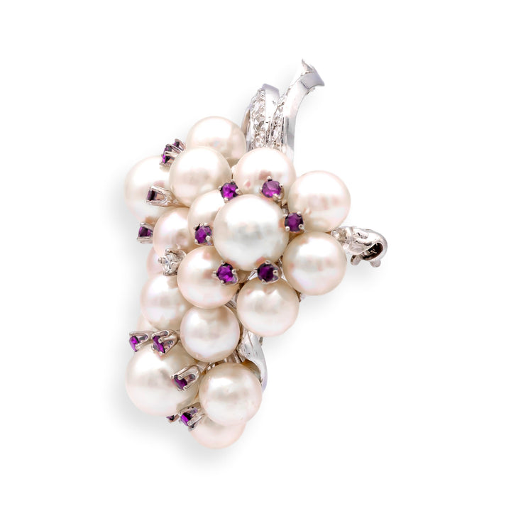 Vintage 14K White Gold Pearl Ruby Diamond Grape Cluster Brooch