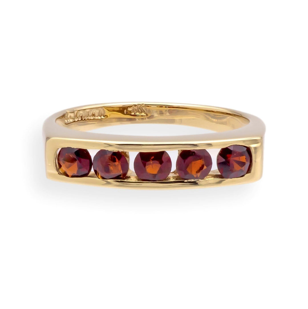Vintage 14K Gold Mid-Century Modern Five-Stone Garnet Ring Signed c.1960s
