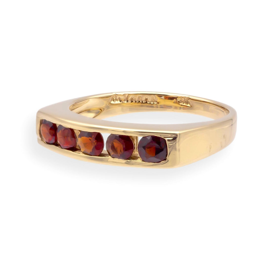 Vintage 14K Gold Mid-Century Modern Five-Stone Garnet Ring Signed c.1960s
