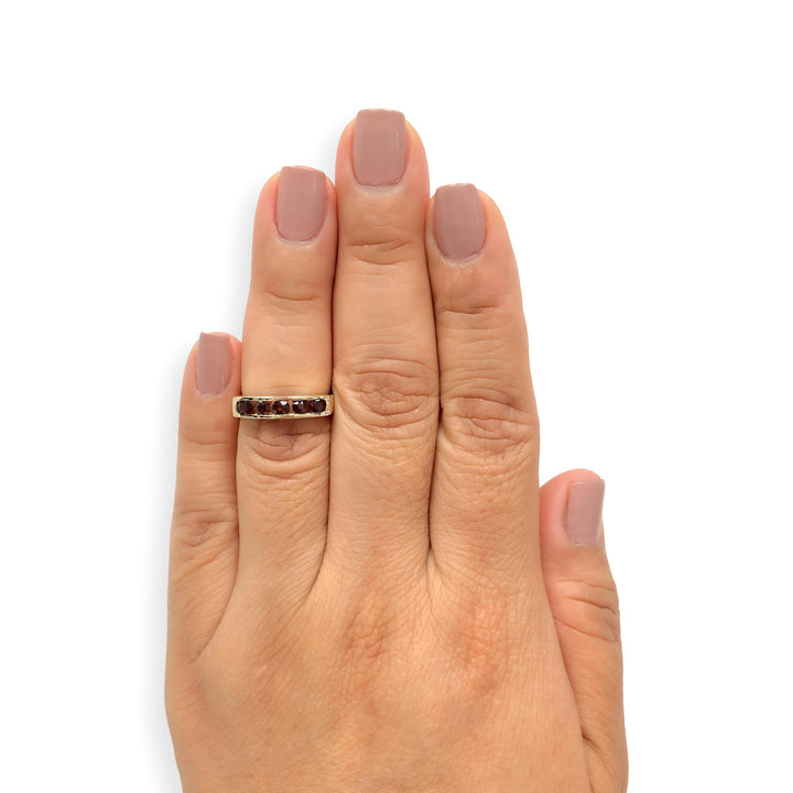 Vintage 14K Gold Mid-Century Modern Five-Stone Garnet Ring Signed c.1960s
