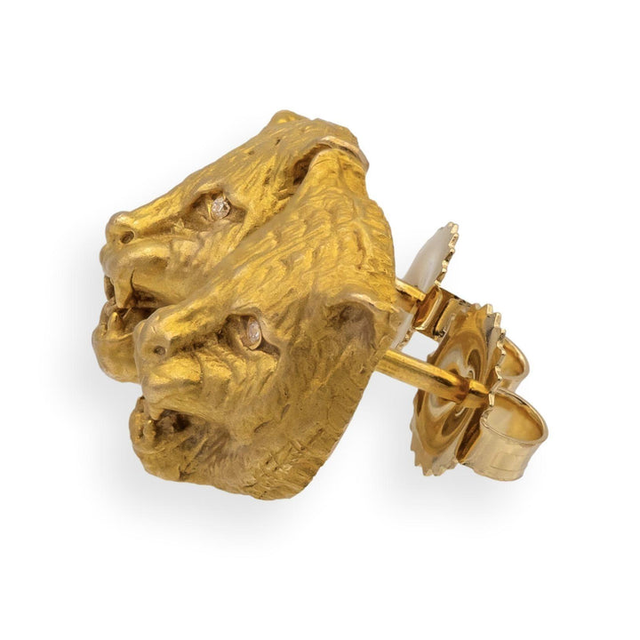 Vintage 14K Yellow Gold Lioness Earrings Studs with Diamond eyes | 3D Detail