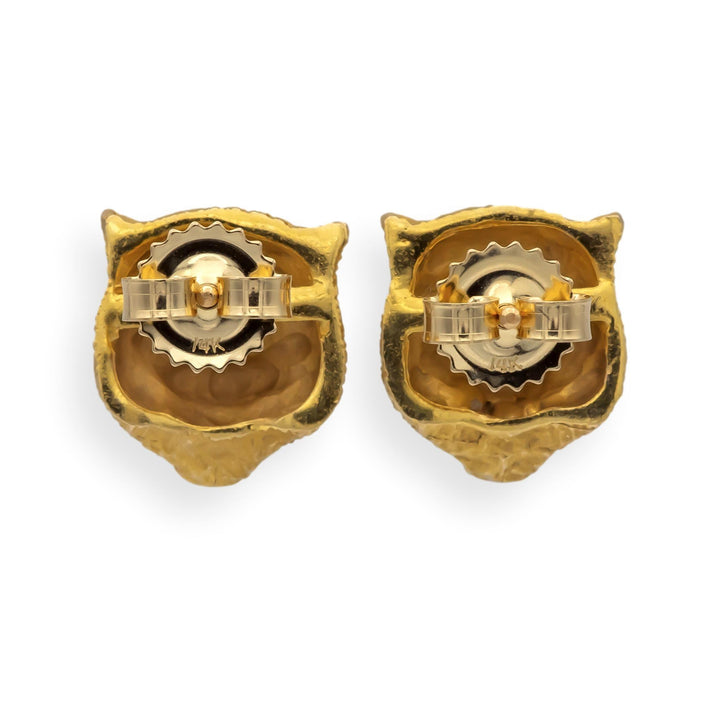 Vintage 14K Yellow Gold Lioness Earrings Studs with Diamond eyes | 3D Detail