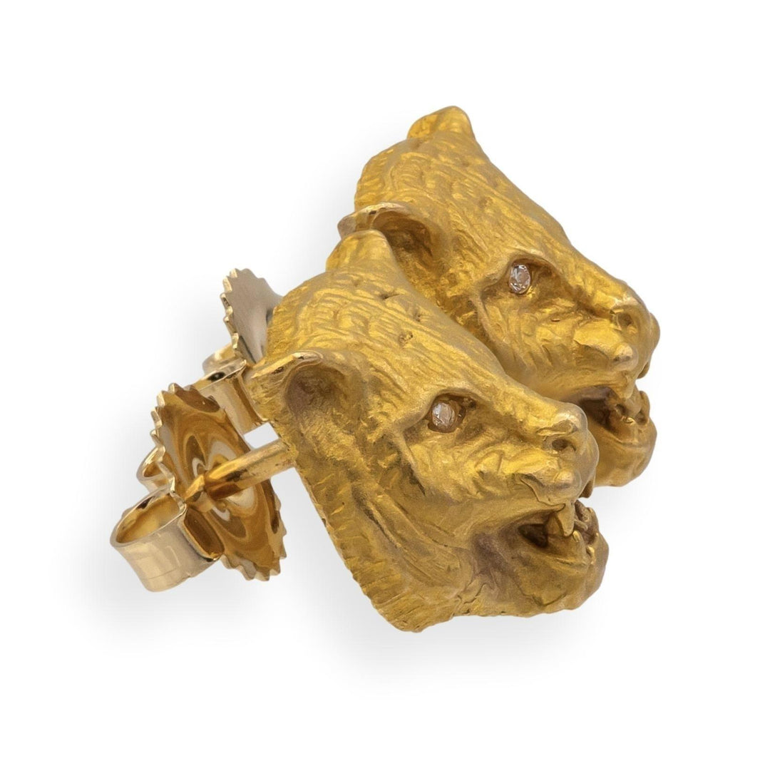 Vintage 14K Yellow Gold Lioness Earrings Studs with Diamond eyes | 3D Detail