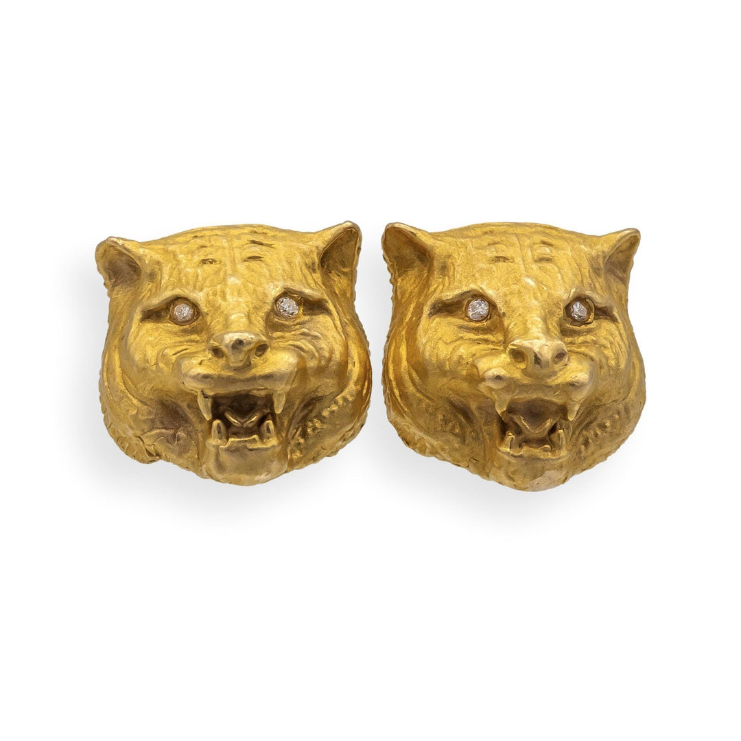 Vintage 14K Yellow Gold Lioness Earrings Studs with Diamond eyes | 3D Detail