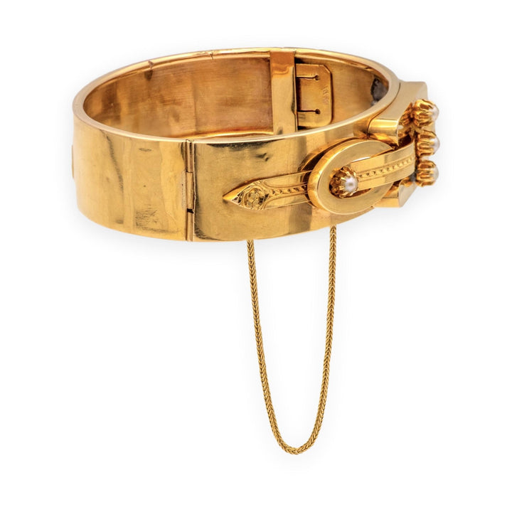 Antique Victorian 14K Yellow Gold Seed Pearl Bangle Bracelet Circa 1870s–1880s