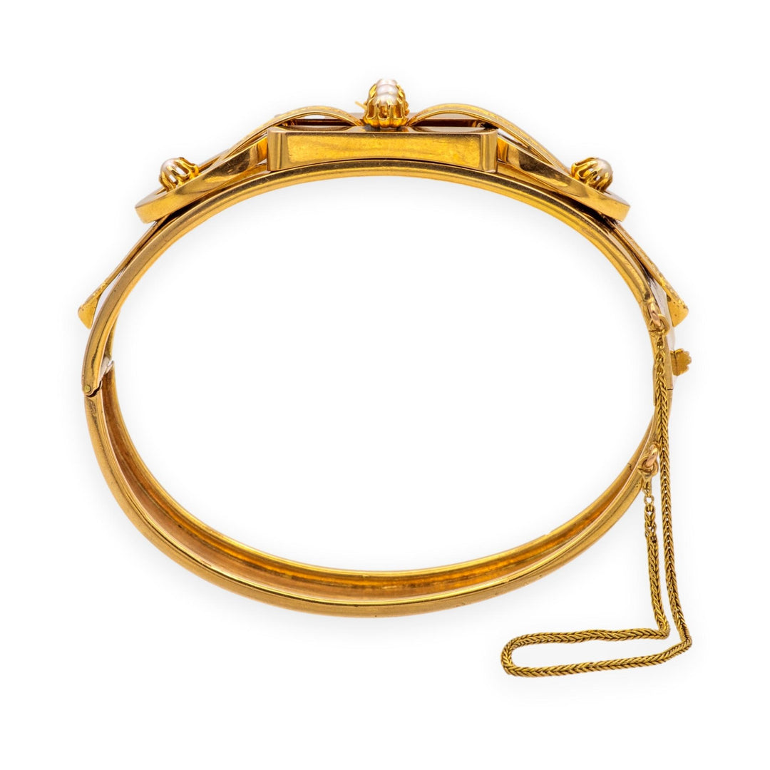 Antique Victorian 14K Yellow Gold Seed Pearl Bangle Bracelet Circa 1870s–1880s