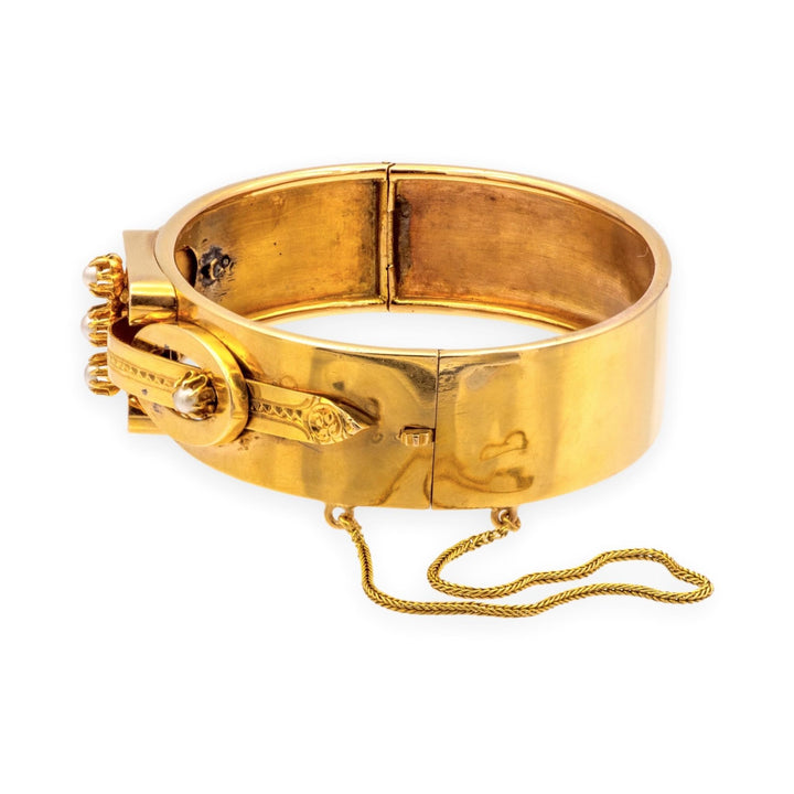 Antique Victorian 14K Yellow Gold Seed Pearl Bangle Bracelet Circa 1870s–1880s