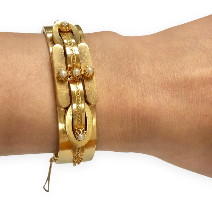 Antique Victorian 14K Yellow Gold Seed Pearl Bangle Bracelet Circa 1870s–1880s