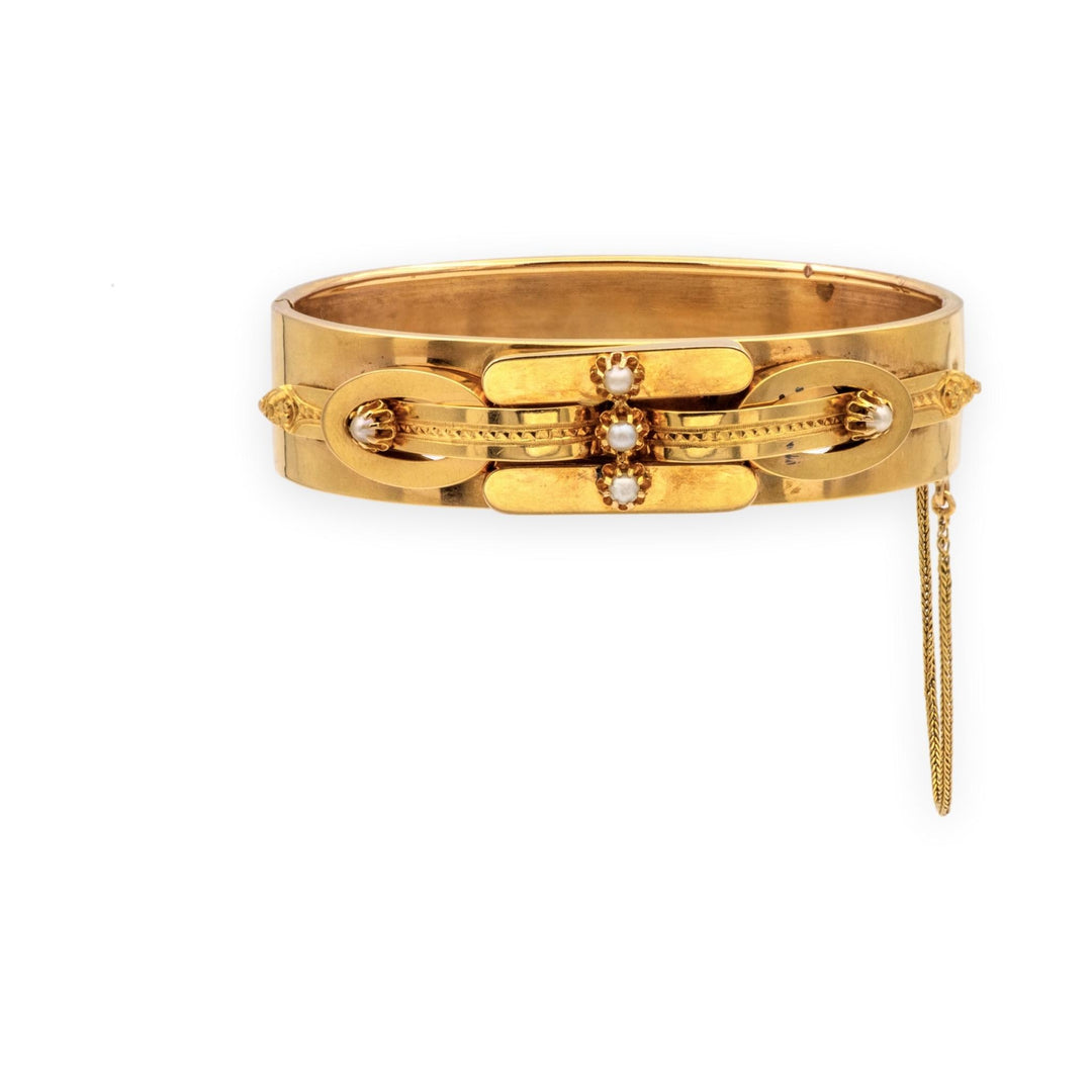 Antique Victorian 14K Yellow Gold Seed Pearl Bangle Bracelet Circa 1870s–1880s