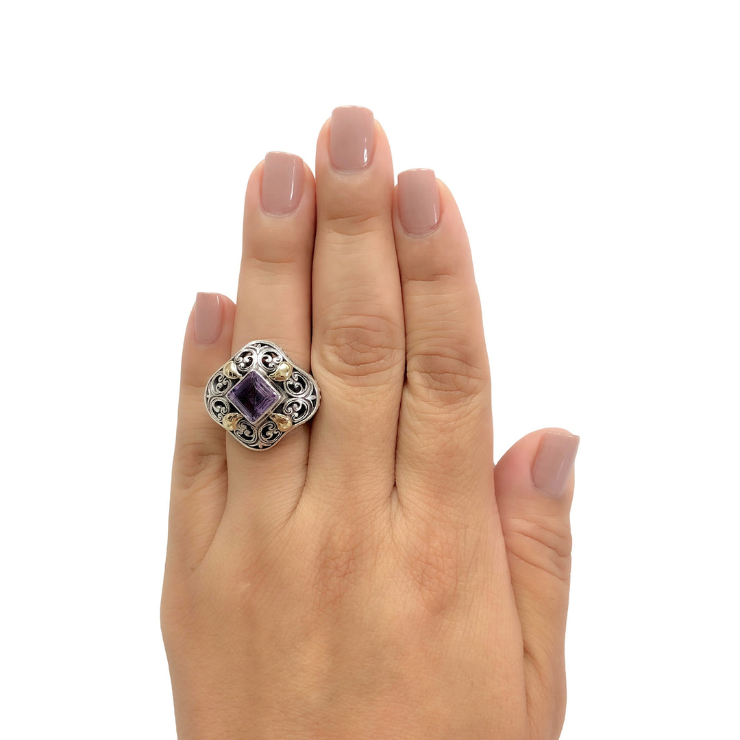 Vintage 18K Gold and Sterling Silver Amethyst Open-Scroll Work Cocktail Ring