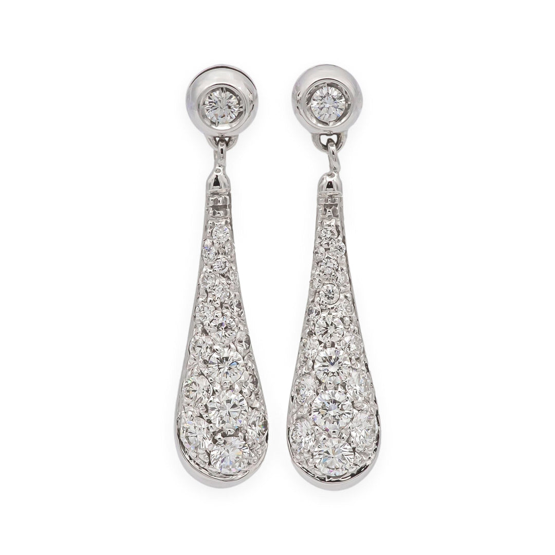 Vintage 18K White Gold Teardrop Dangling Diamond Pavé Earrings 1.25 tcw. G VS