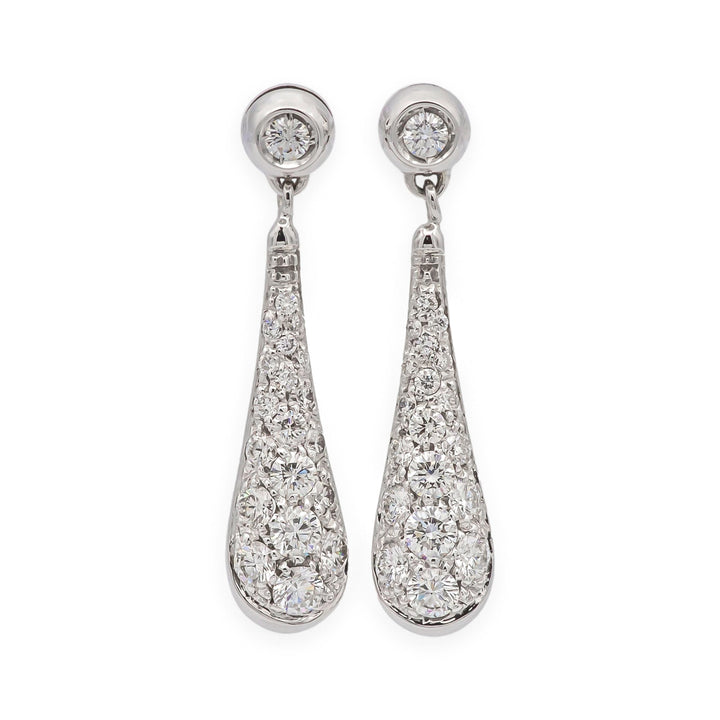 Vintage 18K White Gold Teardrop Dangling Diamond Pavé Earrings 1.25 tcw. G VS