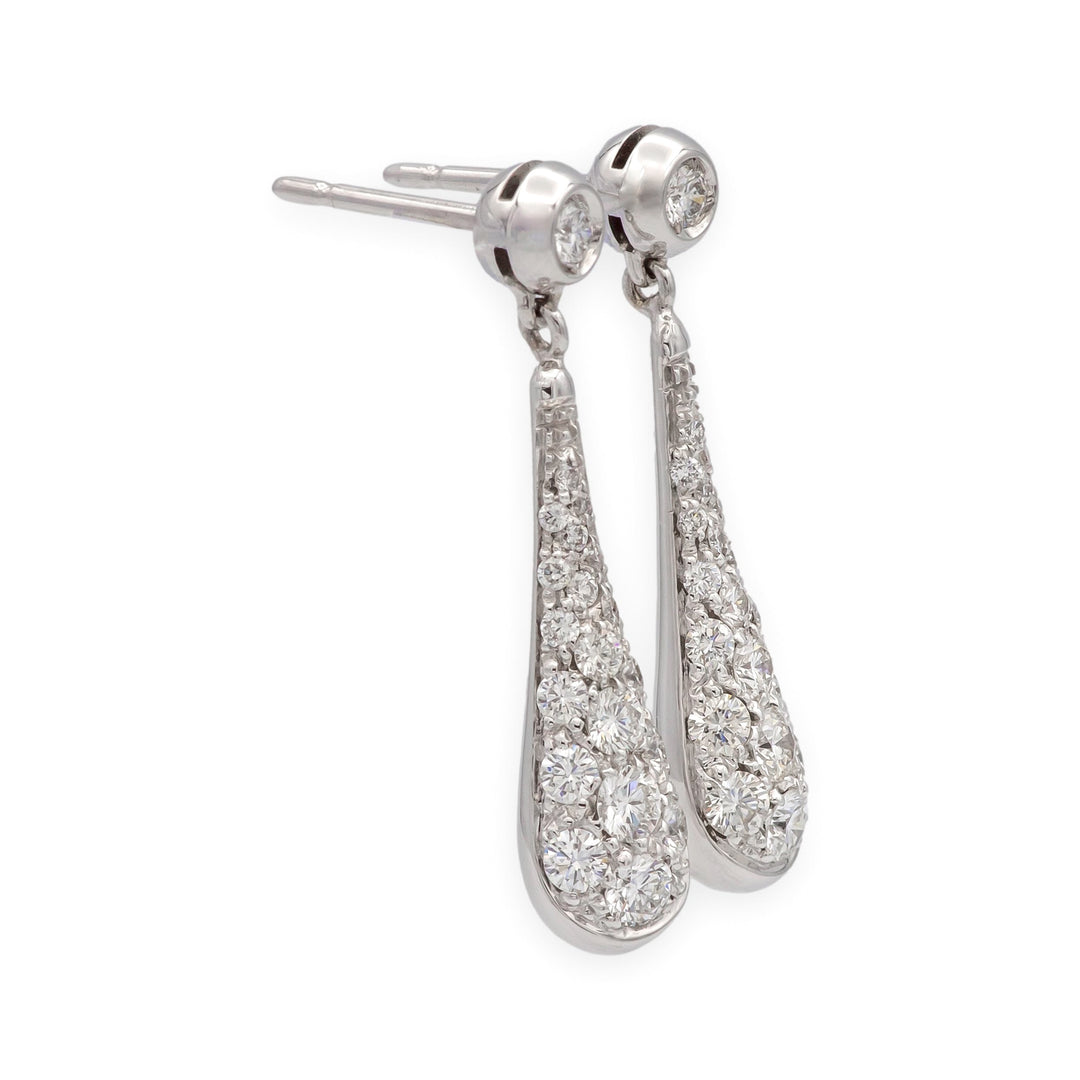 Vintage 18K White Gold Teardrop Dangling Diamond Pavé Earrings 1.25 tcw. G VS