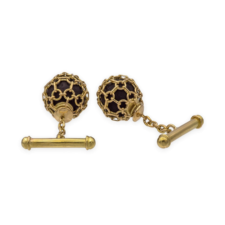 Vintage 18K Yellow Gold Lattice Ball & Dark Wood Cufflinks Ca. 2000